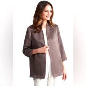 Eileen Fisher Linen Silk Blend  Taupe Open-Front Collarless Jacket